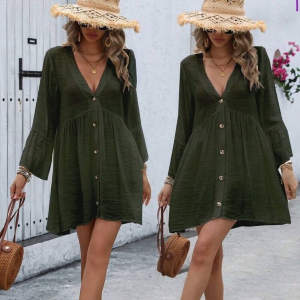 Elegant Olive Green Button-Down Dress